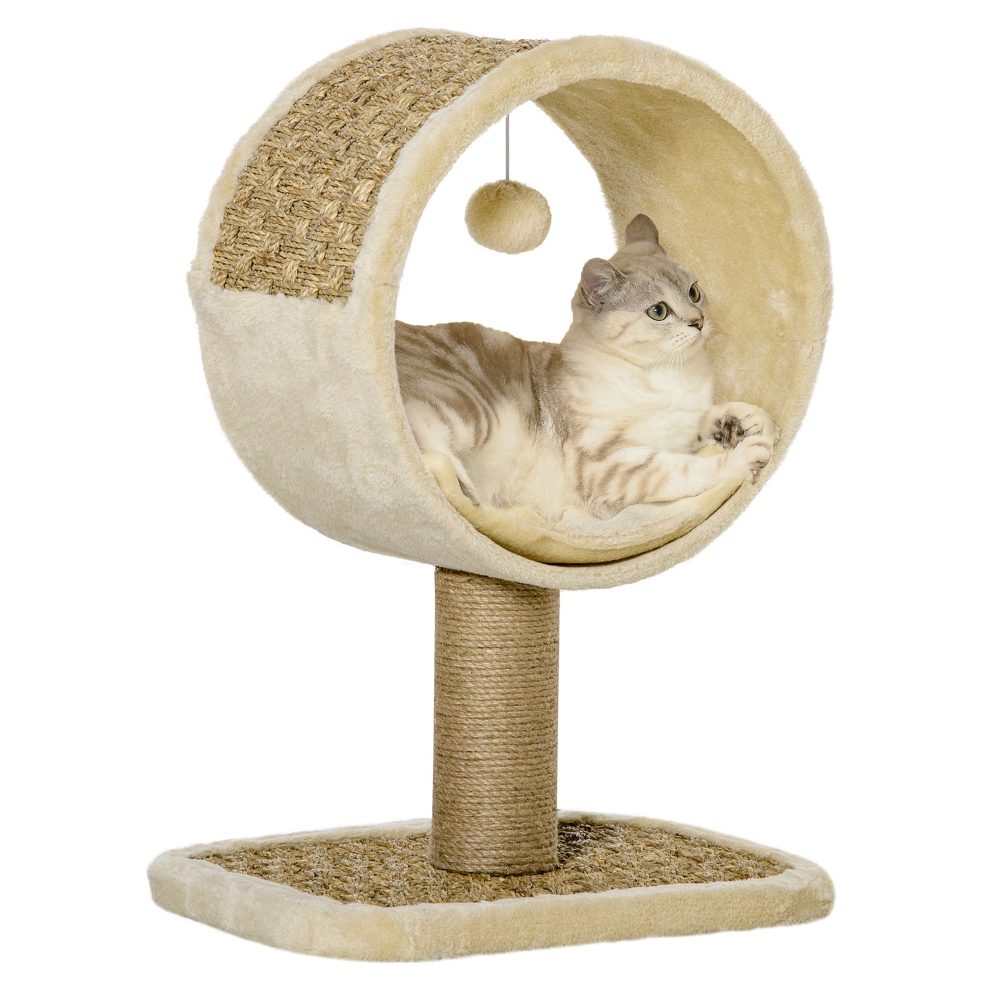 PawHut Árvore Arranhador para Gatos com Túnel Superior Poste Arranhador de Juta Natural Almofada Removível e Brinquedo Suspenso 40x30x56cm Bege