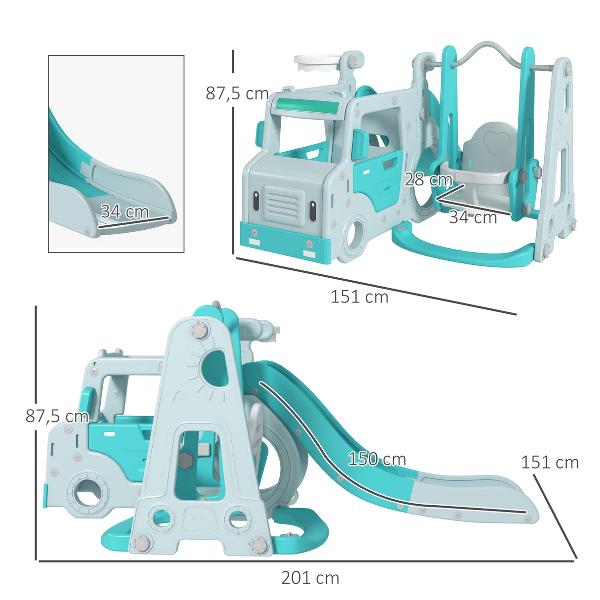 AIYAPLAY Conjunto de Escorrega e Baloiço para Crianças 6 em 1 Baloiço Infantil de 18-48 Meses Escorregador para Bebés com Buzina e Cesta de Basquetebol Carga 50 kg 201x151x87,5 cm Azul Claro