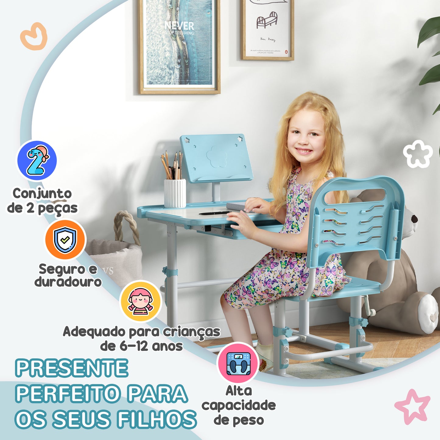 ZONEKIZ Conjunto de Secretária e Cadeira para Crianças de 6-12 Anos Secretária para Crianças com Altura Ajustável com 1 Gaveta Prateleira para Livros e Ângulo da Mesa Ajustável 80x49,5x82-104 cm Azul e Branco