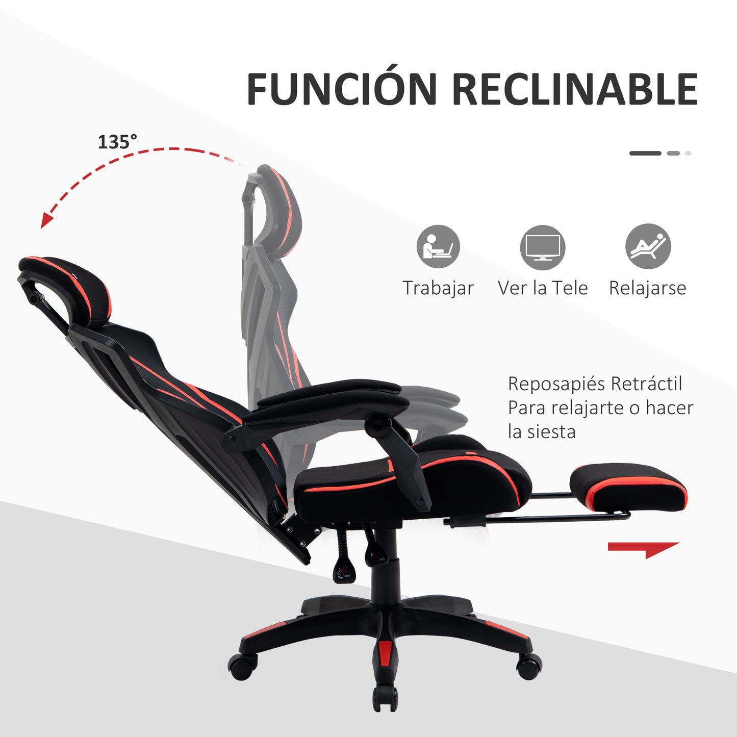 Vinsetto Cadeira de Gaming com Apoio para os Pés Retrátil Cadeira de Escritório Reclinável com Apoio para a Cabeça e Altura Ajustável 65x65x119-129cm Preto e Vermelho