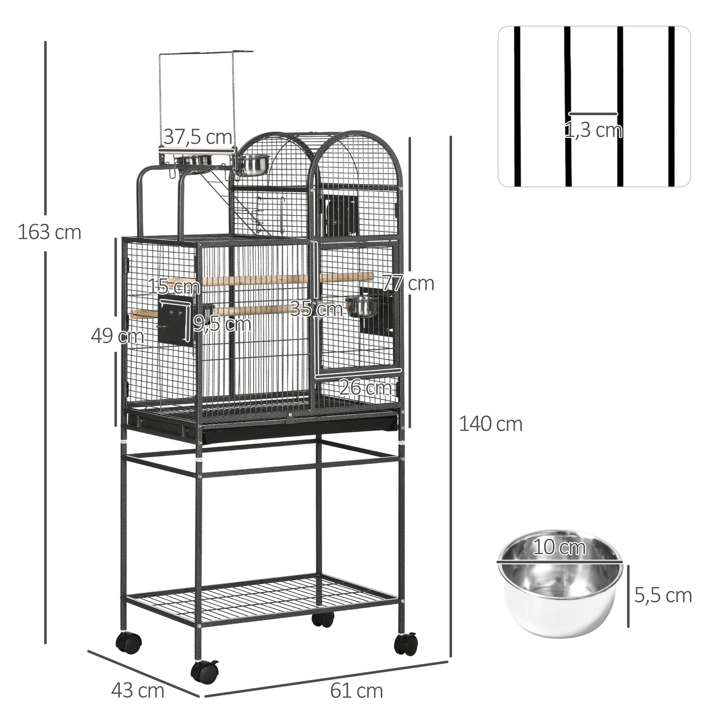 PawHut Gaiola para Pássaros 61x43x163cm Gaiola para Pássaros de Metal com 4 Portas 2 Comedouros 3 Poleiros 3 Aneis Bandeja Removível Prateleira Aberta e 4 Rodas para Canários Periquitos Preta