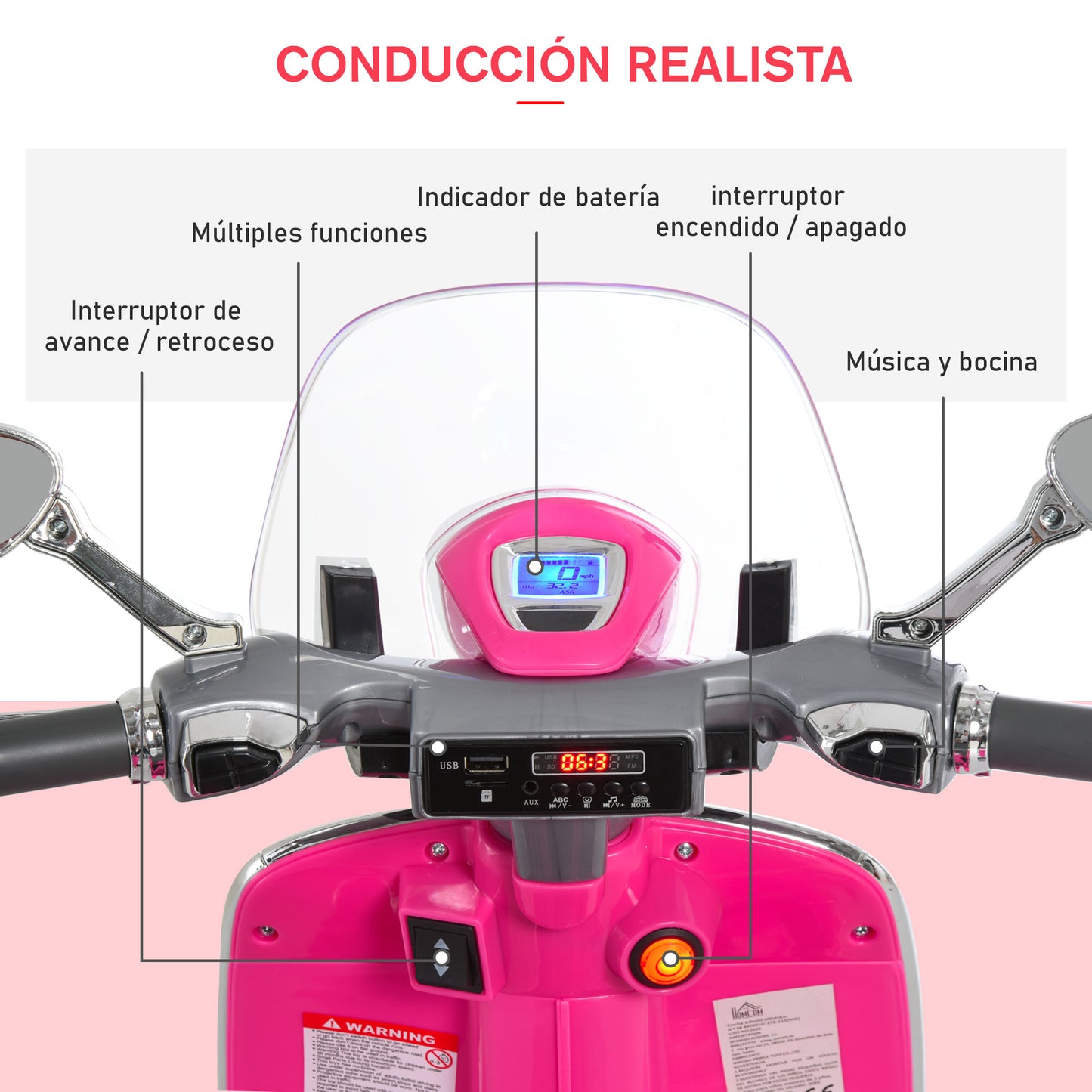 HOMCOM Mota Elétrica Vespa com Faróis Música 2 Rodas Auxiliares para Crianças acima de 3 Anos Mota Elétrica Infantil 108x49x75 cm Rosa