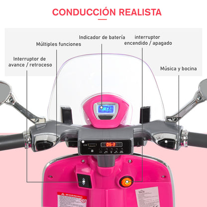 HOMCOM Mota Elétrica Vespa com Faróis Música 2 Rodas Auxiliares para Crianças acima de 3 Anos Mota Elétrica Infantil 108x49x75 cm Rosa