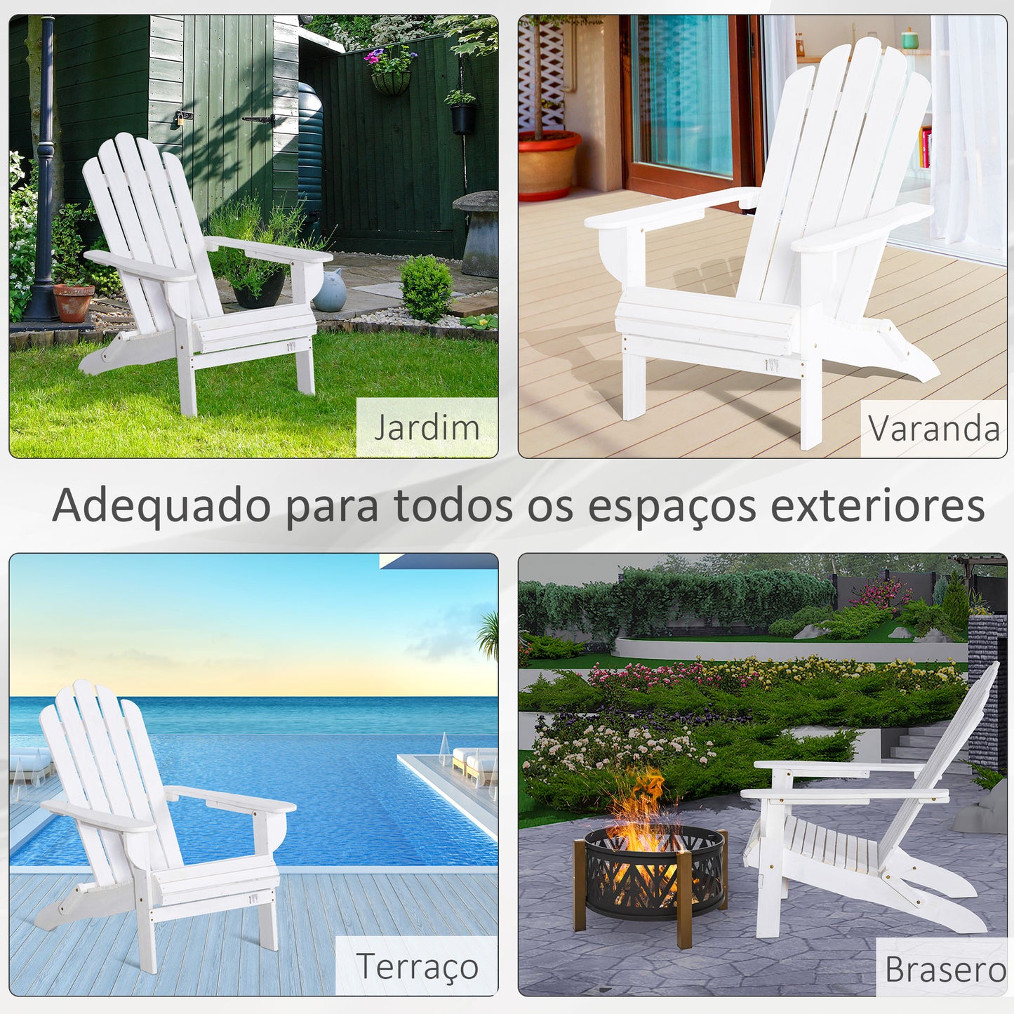 Outsunny Cadeira Adirondack de Madeira Dobrável Cadeira de Jardim com Apoio para os Braços e Encosto Alto para Terraço Balcão Exterior Carga Máx. 113kg 73x73x92cm Branco