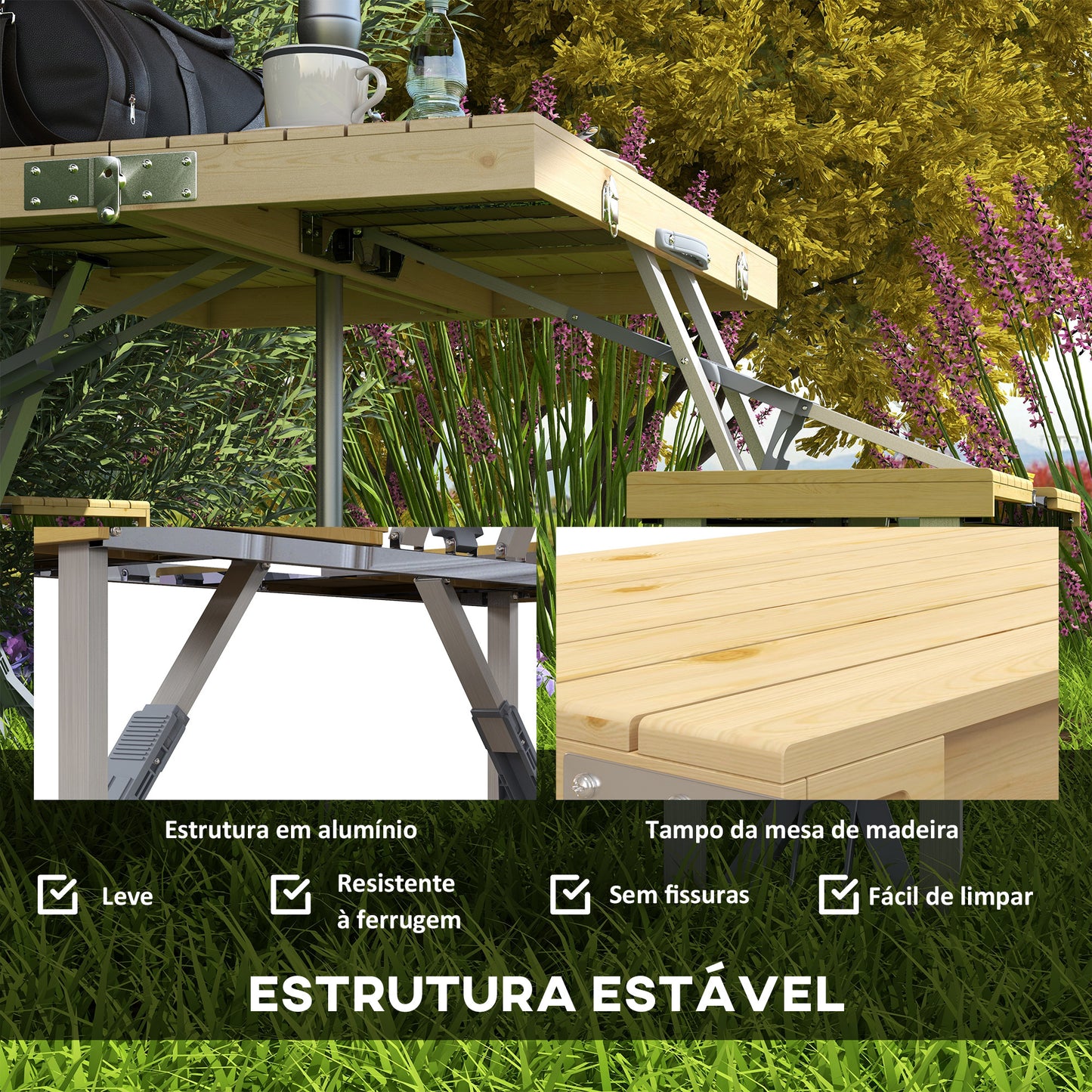 Outsunny Mesa Campismo Dobrável 86x72,5x67 cm Mesa de Praia com 4 Assentos e Orifício para Chapéu de Sol Estrutura de Aluminio para Exterior Natural