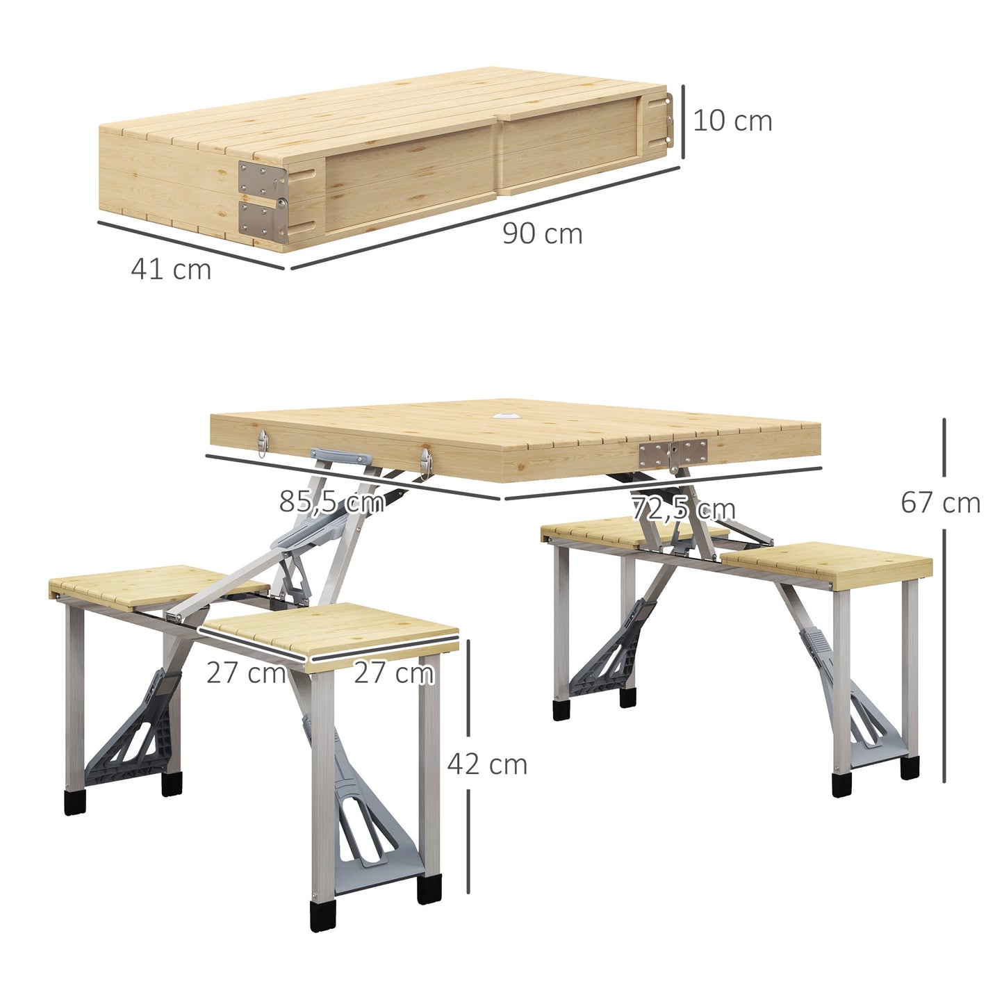 Outsunny Mesa Campismo Dobrável 86x72,5x67 cm Mesa de Praia com 4 Assentos e Orifício para Chapéu de Sol Estrutura de Aluminio para Exterior Natural