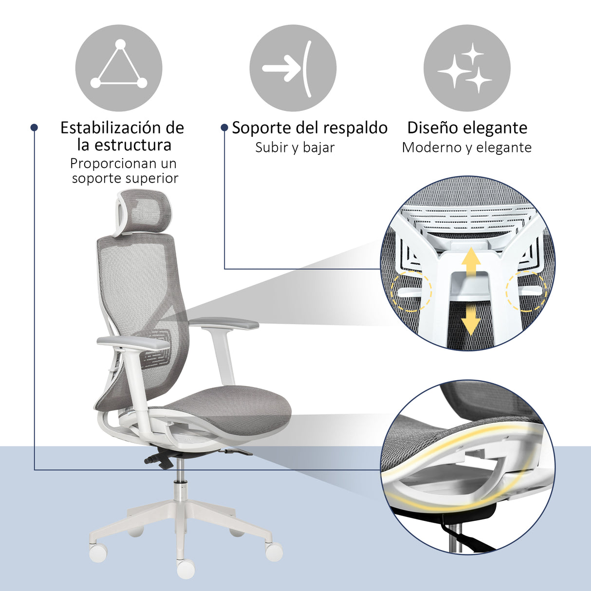 Vinsetto Cadeira de Escritório Giratória Cadeira de Escritório com Altura Ajustável Apoio para os Braços Apoio para a Cabeça e Suporte Lombar Reguláveis Encosto Alto 67x65x120-128cm Cinza