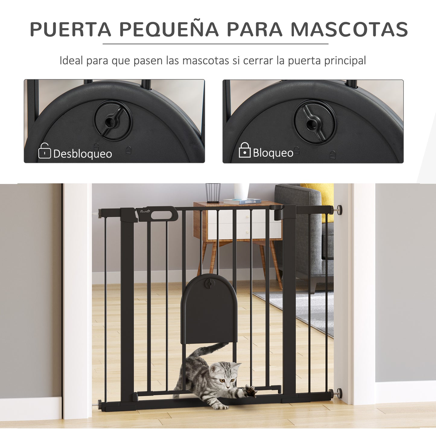 PawHut Barreira de Segurança de Cães Animais de Estimação para Escadas e Portas 75-103cm com 2 Extensões Fechamento Automático e Sistema de Duplo Bloqueio Aço Preto