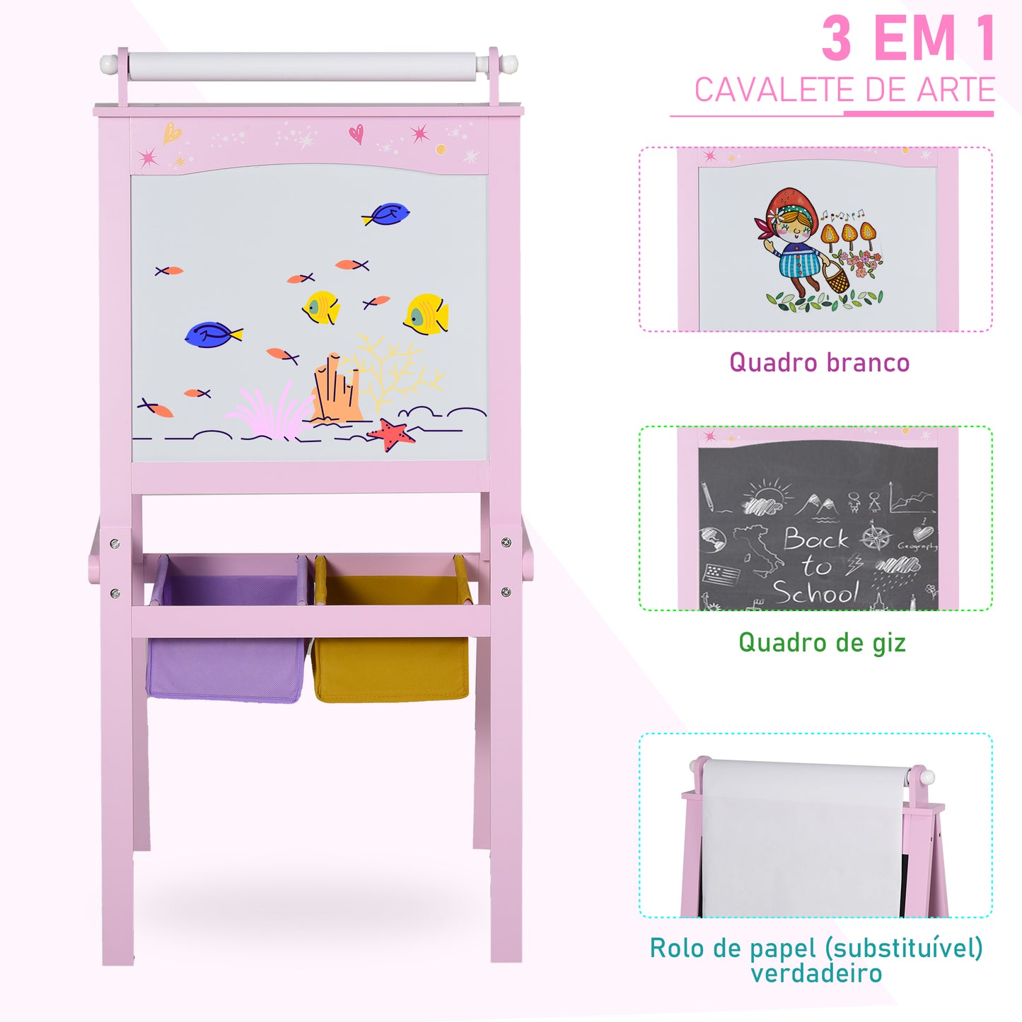 Cavalete Infantil 3 em 1 Cavalete de Arte para Crianças com Quadro Rolo de Papel e 2 Cestos de Armazenamento 58,5x50,5x118 cm Rosa