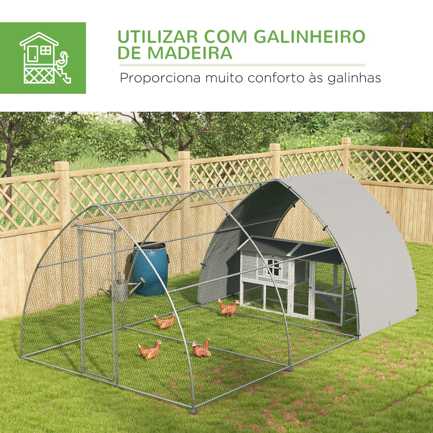 PawHut Galinheiro para Exterior 304x560x220 cm Galinheiro para Galinhas de Aço Galvanizado Cobertura em Tecido Oxford Resistente aos Raios UV e Impermeável para Pátio Prata