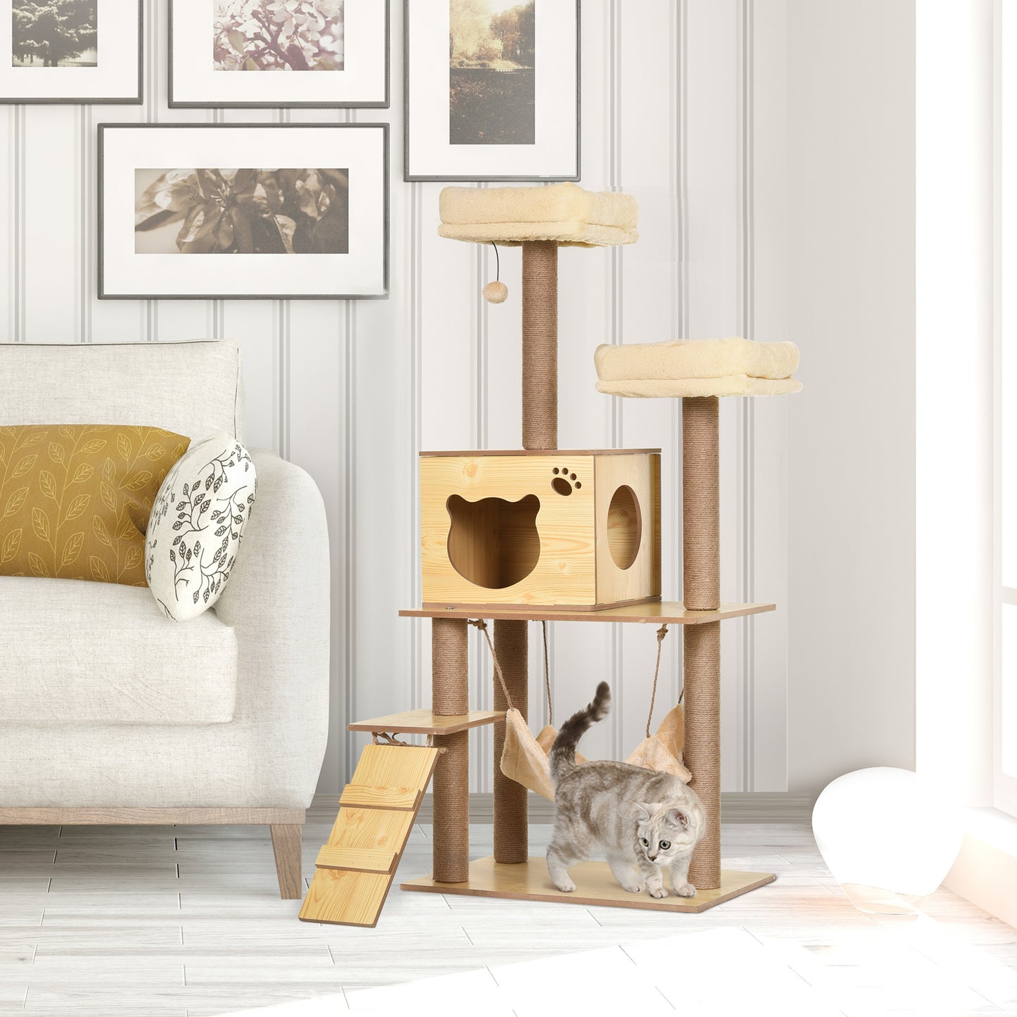 PawHut Arranhador para Gatos Altura 130 cm Torre para Gatos com Poste de Arranhar de Juta 2 Camas Rede Caverna Bola Suspensa Rede e Rampa 60x40x130 cm Madeira