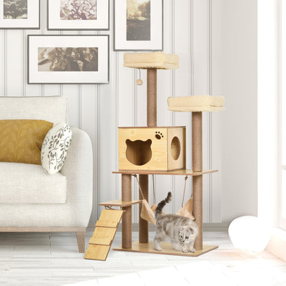 PawHut Arranhador para Gatos Altura 130 cm Torre para Gatos com Poste de Arranhar de Juta 2 Camas Rede Caverna Bola Suspensa Rede e Rampa 60x40x130 cm Madeira