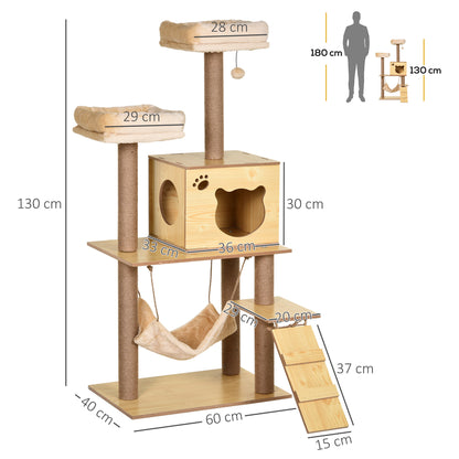 PawHut Arranhador para Gatos Altura 130 cm Torre para Gatos com Poste de Arranhar de Juta 2 Camas Rede Caverna Bola Suspensa Rede e Rampa 60x40x130 cm Madeira