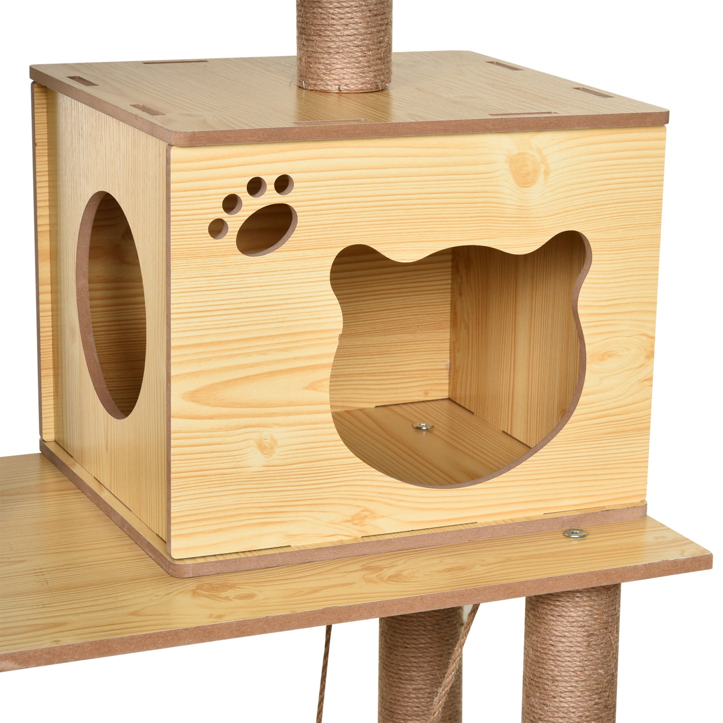 PawHut Arranhador para Gatos Altura 130 cm Torre para Gatos com Poste de Arranhar de Juta 2 Camas Rede Caverna Bola Suspensa Rede e Rampa 60x40x130 cm Madeira