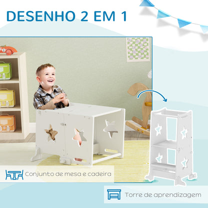 AIYAPLAY Torre de Aprendizagem 2 em 1 Torre de Aprendizagem para Crianças acima de 3 Anos Convertível em Mesa e Cadeira com Barreira de Segurança 60x44,5x86 cm Branco