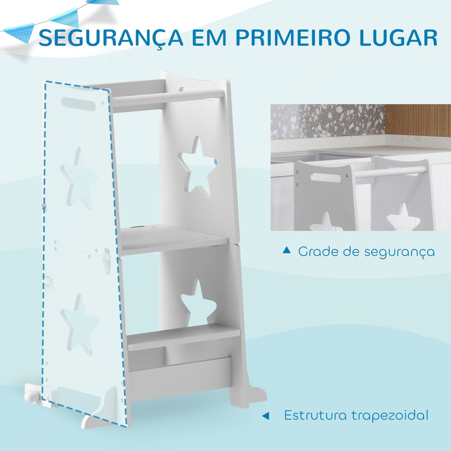 AIYAPLAY Torre de Aprendizagem 2 em 1 Torre de Aprendizagem para Crianças acima de 3 Anos Convertível em Mesa e Cadeira com Barreira de Segurança 60x44,5x86 cm Branco