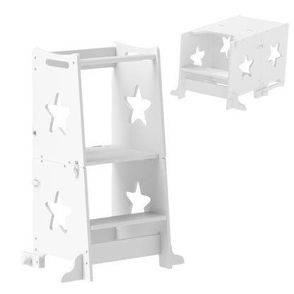 AIYAPLAY Torre de Aprendizagem 2 em 1 Torre de Aprendizagem para Crianças acima de 3 Anos Convertível em Mesa e Cadeira com Barreira de Segurança 60x44,5x86 cm Branco