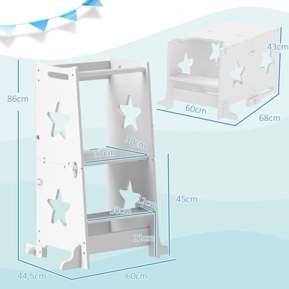 AIYAPLAY Torre de Aprendizagem 2 em 1 Torre de Aprendizagem para Crianças acima de 3 Anos Convertível em Mesa e Cadeira com Barreira de Segurança 60x44,5x86 cm Branco