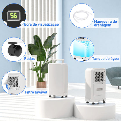 HOMCOM Desumidificador Elétrico 12L/dia Depósito de Água de 2,5L Desumidificador com Rodas Temporizador de 24 Horas Ecrã Digital de Humidade Desumidificador de Humidade para Dormitório Branco