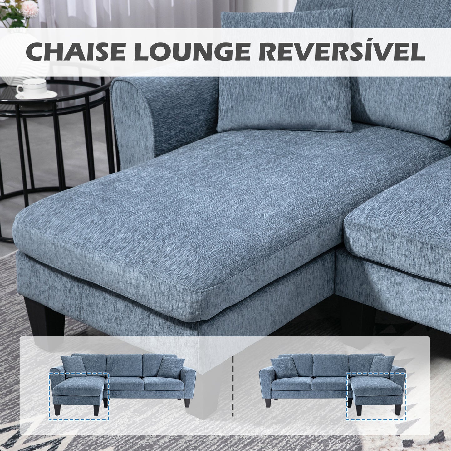 Sofá Chaise Longue Sofá de Canto Sofa Sala de Estar Reversível em Forma de L com 2 Almofadas Carga Máxima 200 kg 230x138x87 cm Cinza Azulado