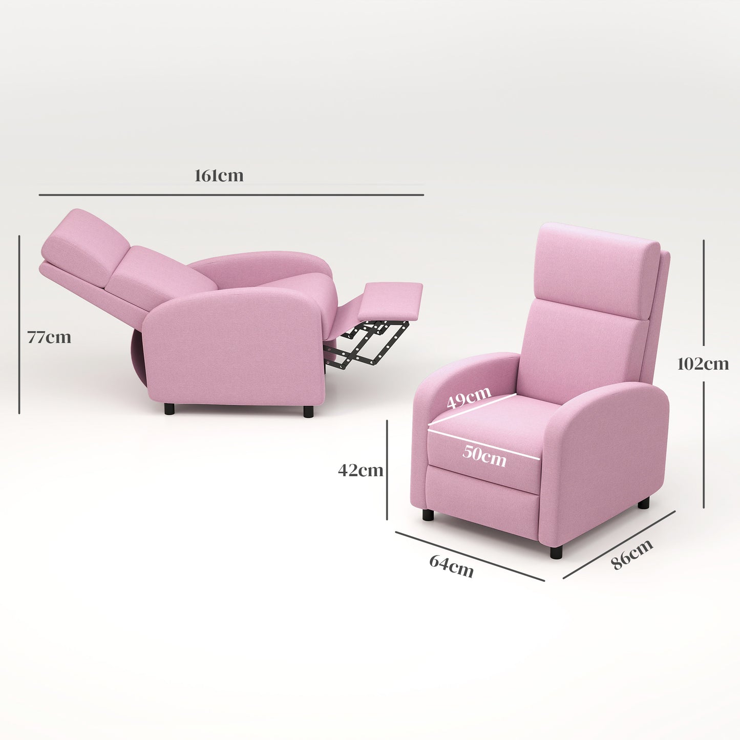 HOMCOM Poltrona Relax Reclinável até 160° Poltrona Reclinável Manual com Apoio para os Pés Carga Máxima 120 kg para Sala de Estar Dormitório 64x86x102 cm Rosa