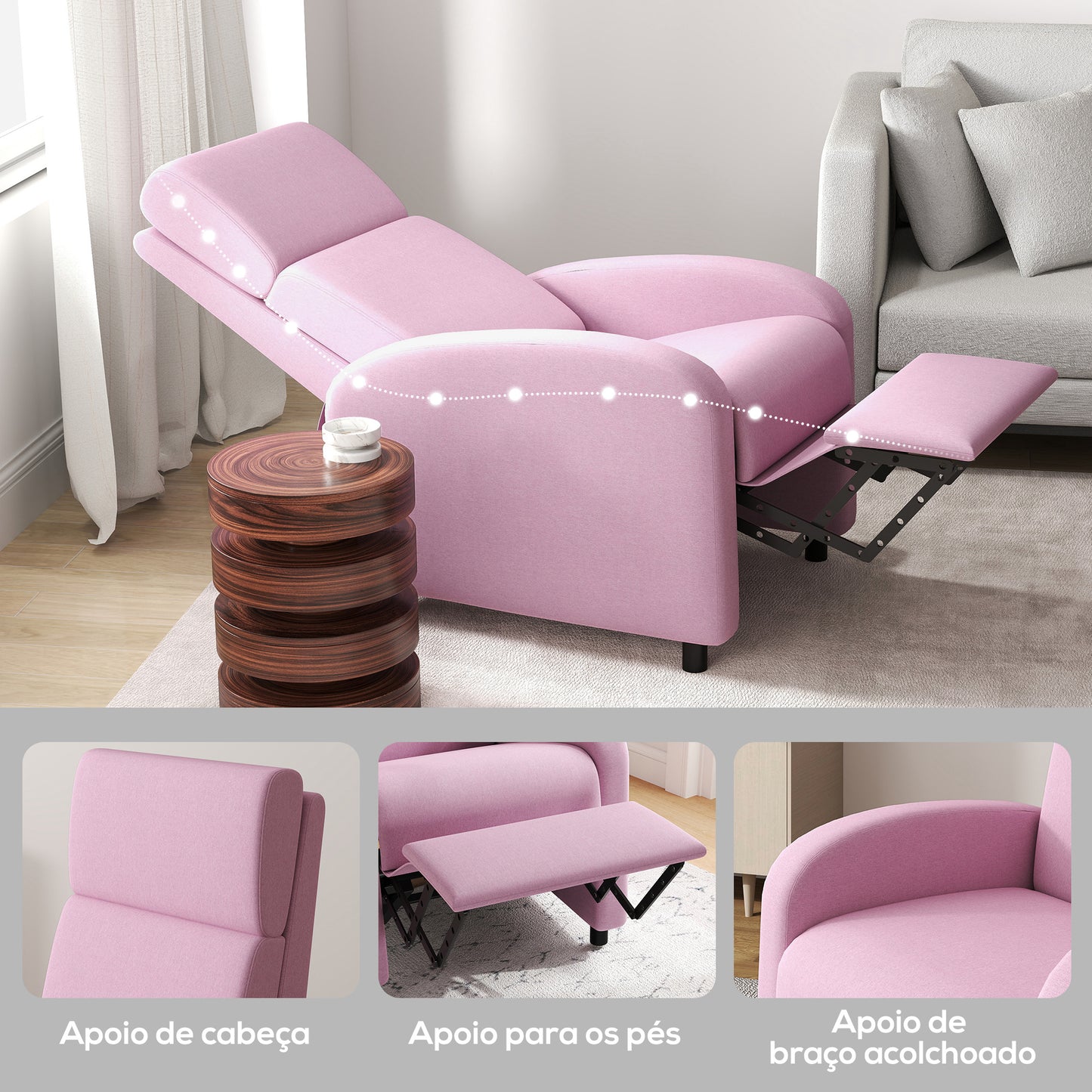 HOMCOM Poltrona Relax Reclinável até 160° Poltrona Reclinável Manual com Apoio para os Pés Carga Máxima 120 kg para Sala de Estar Dormitório 64x86x102 cm Rosa