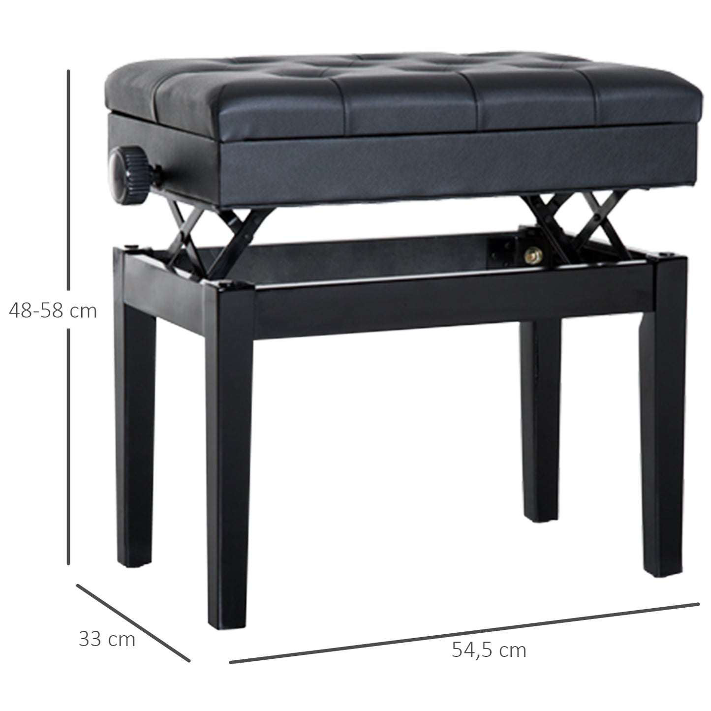 Banco de Piano com Espaço de Armazenamento Altura Ajustável com Assento Acolchoado Carga 200 kg 54,5x33x48-58 cm Preto