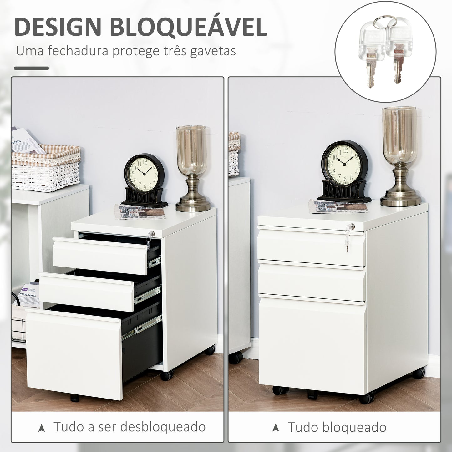 Vinsetto Bloco de Gavetas com Rodas para Escritório Móvel para Arquivos com Fechadura 2 Gavetas e 1 Gaveta Arquivador para Pastas A4 39x48x60 cm Branco