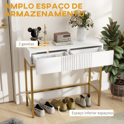 HOMCOM Mesa Consola Moderna Mesa de Entrada com 2 Gavetas e Pés de Aço Anti-tombo para Entrada Sala Corredor 80x31,5x75 cm Branco