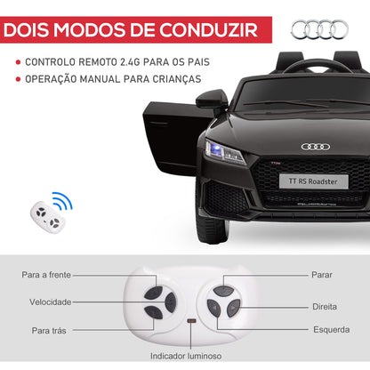 HOMCOM Carro Elétrico Audi TT para Crianças acima de 3 Anos com Controlo Remoto Música e Luzes Bateria 12V Abertura da Porta 102x60x44 cm Preto