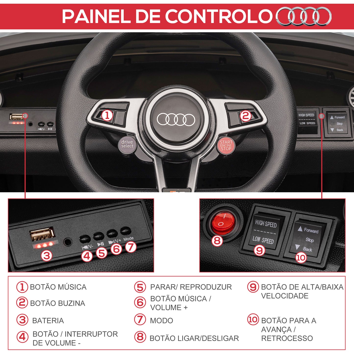 HOMCOM Carro Elétrico Audi TT para Crianças acima de 3 Anos com Controlo Remoto Música e Luzes Bateria 12V Abertura da Porta 102x60x44 cm Preto