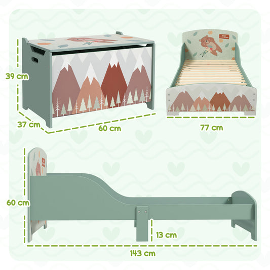 ZONEKIZ Conjunto para Crianças Inclui 1 Cama Infantil de Madeira Carga Máx. 40 kg 143x77x60 cm e 1 Baú de Brinquedos 60x37x39 cm com Estampados Verde