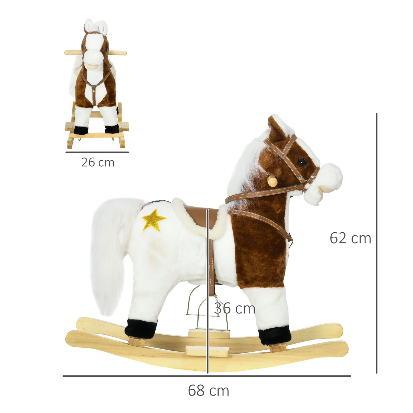 HOMCOM Cavalo Baloiço para Crianças acima de 3 Anos Cavalo Baloiço de Brincar com Música Som e Função de Movimento da Cauda Carga 30 kg 68x26x62 cm Marrom e Branco