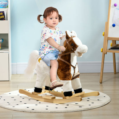 HOMCOM Cavalo Baloiço para Crianças acima de 3 Anos Cavalo Baloiço de Brincar com Música Som e Função de Movimento da Cauda Carga 30 kg 68x26x62 cm Marrom e Branco