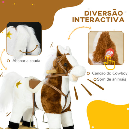 HOMCOM Cavalo Baloiço para Crianças acima de 3 Anos Cavalo Baloiço de Brincar com Música Som e Função de Movimento da Cauda Carga 30 kg 68x26x62 cm Marrom e Branco