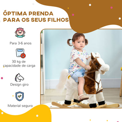 HOMCOM Cavalo Baloiço para Crianças acima de 3 Anos Cavalo Baloiço de Brincar com Música Som e Função de Movimento da Cauda Carga 30 kg 68x26x62 cm Marrom e Branco