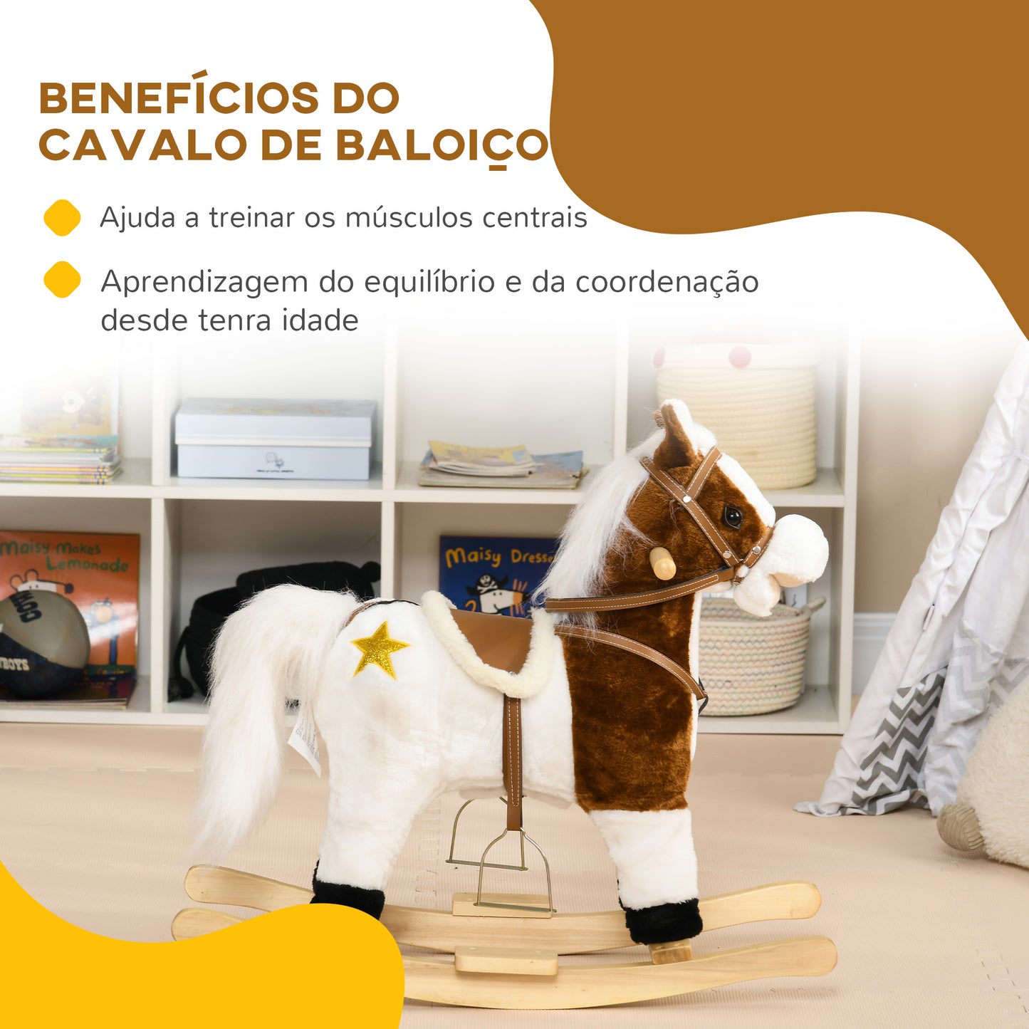 HOMCOM Cavalo Baloiço para Crianças acima de 3 Anos Cavalo Baloiço de Brincar com Música Som e Função de Movimento da Cauda Carga 30 kg 68x26x62 cm Marrom e Branco