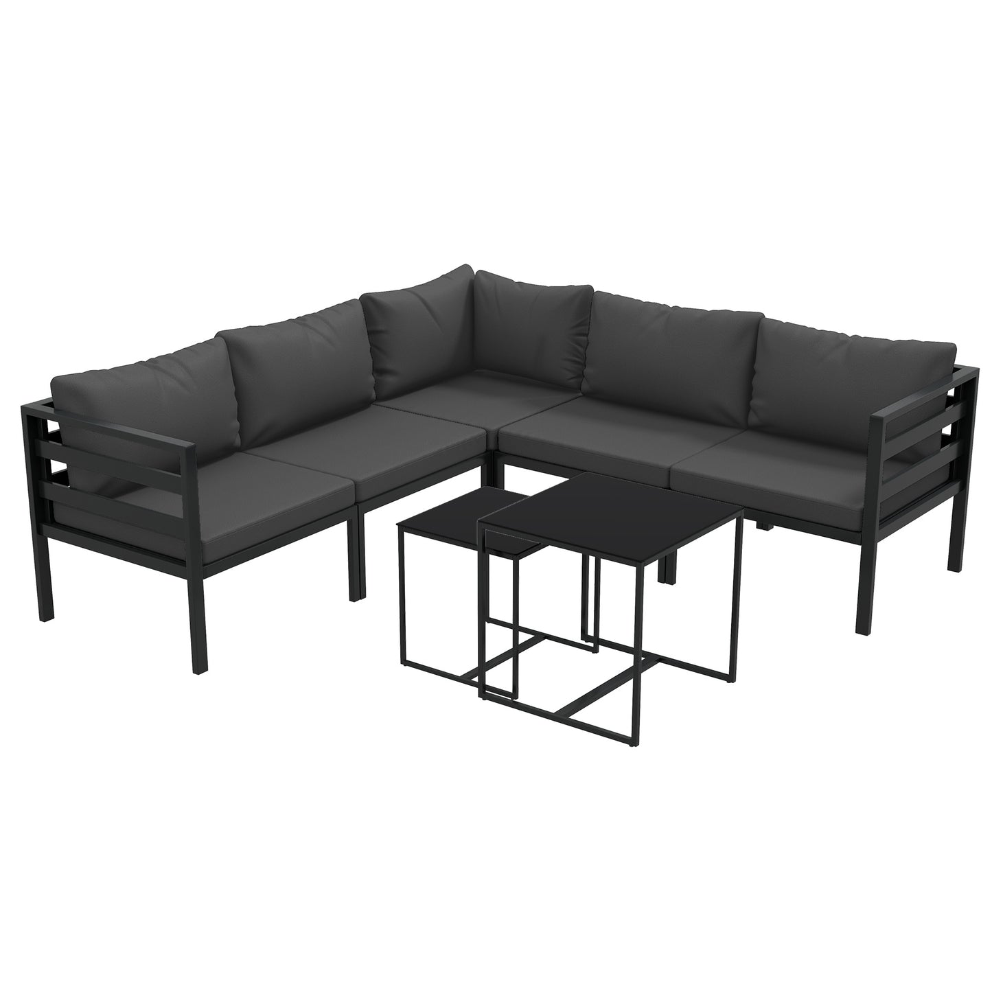 Outsunny Conjunto de Móveis de Jardim 7 Peças Conjunto de Móveis de Terraço Inclui 4 Sofás de Exterior 1 Sofá de Canto e 2 Mesas de Centro com Almofadas para Pátio Cinza