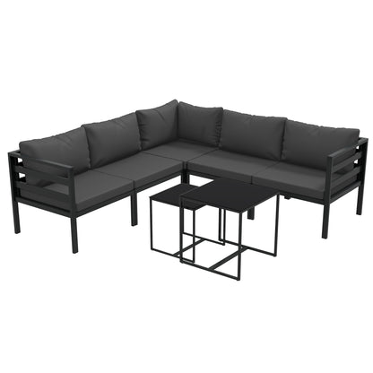 Outsunny Conjunto de Móveis de Jardim 7 Peças Conjunto de Móveis de Terraço Inclui 4 Sofás de Exterior 1 Sofá de Canto e 2 Mesas de Centro com Almofadas para Pátio Cinza