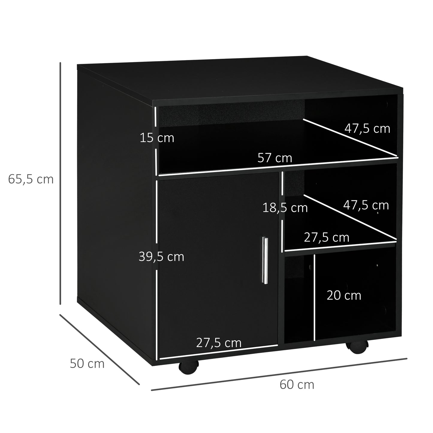 HOMCOM Armário de Escritório para Impressora Móvel para Escritório Multifuncional com Prateleiras e Amplo Espaço de Armazenamento 60x50x65,5 cm Preto