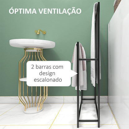 HOMCOM Toalheiro de Pé de 2 Níveis Toalheiro Casa de Banho com 2 Barras e Estrutura de Metal Toalheiro Moderno 66x20x110 cm Preto