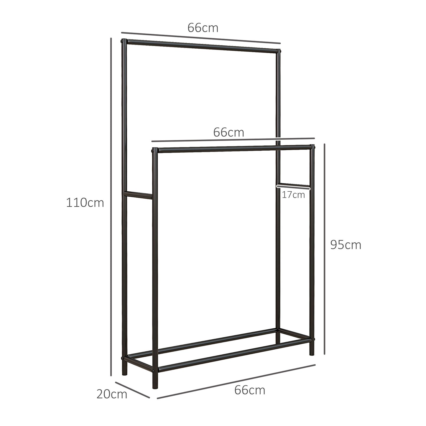 HOMCOM Toalheiro de Pé de 2 Níveis Toalheiro Casa de Banho com 2 Barras e Estrutura de Metal Toalheiro Moderno 66x20x110 cm Preto