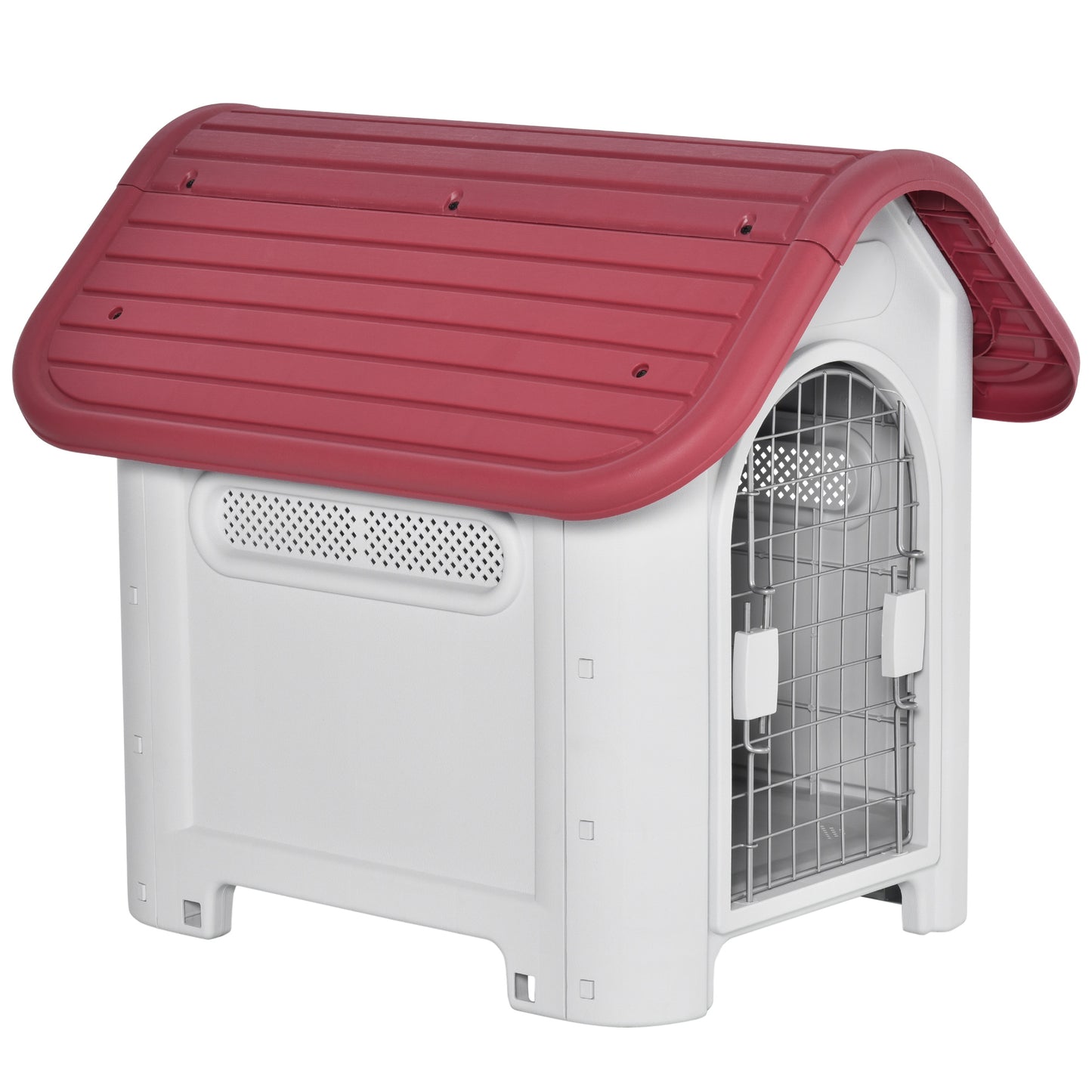 PawHut Casota para Cães com Porta Removível Base Elevada 3 Respiradouros e Janela Casota de Cães para Interior e Exterior 59x75x66cm Cinza e Vermelho