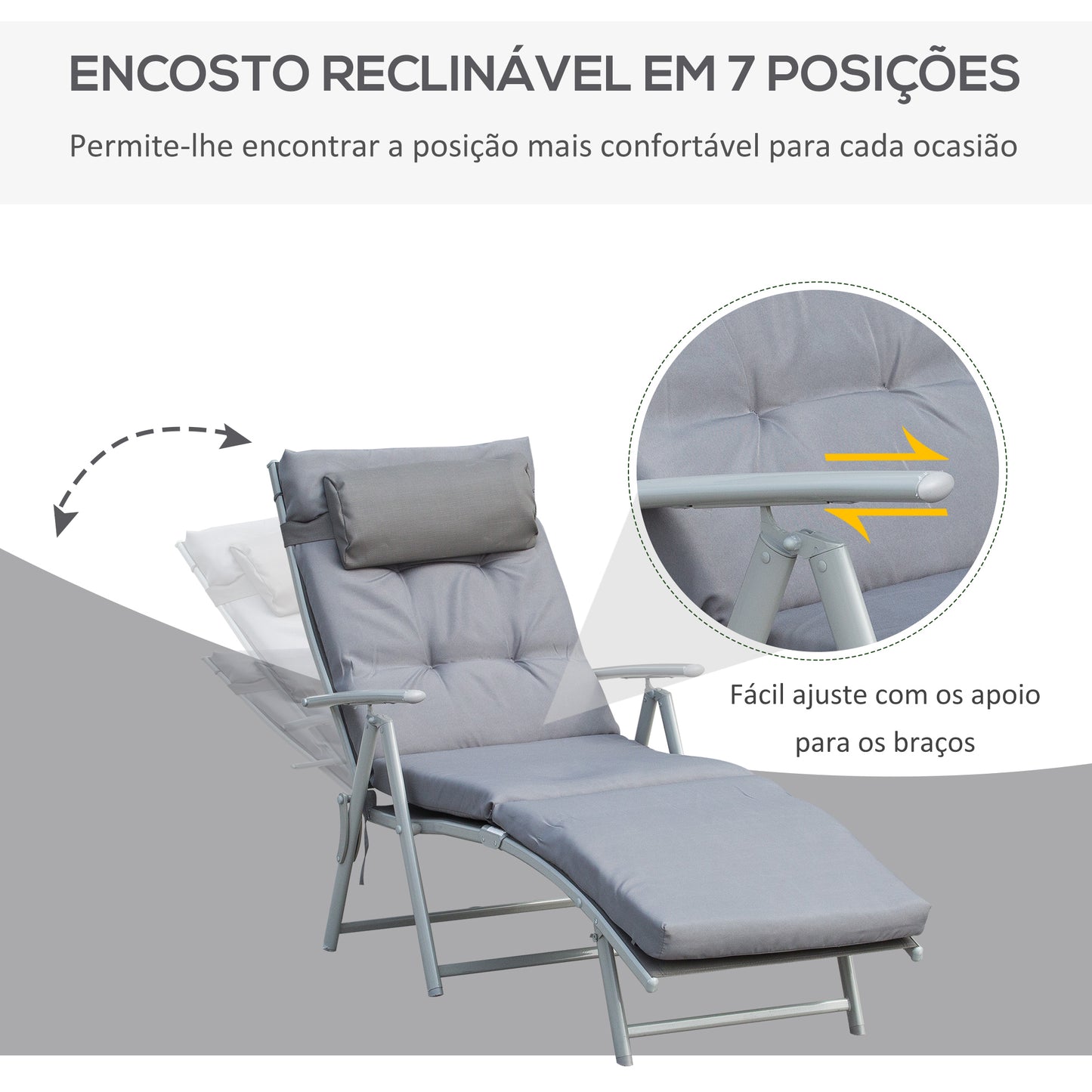 Outsunny Espreguiçadeira Dobrável de Jardim com Encosto Ajustável em 7 Posições Almofada e Apoio para a Cabeça Acolchoados para Terraço Piscina Exterior Carga Máxima 165kg 137x63,5x100,5cm Cinza