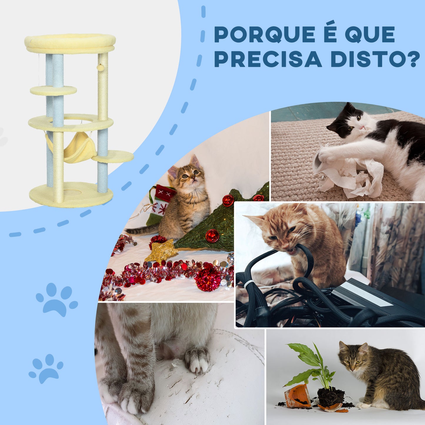 PawHut Arranhador para Gatos Médio 110 cm Torre para Gatos Centro de Atividades para Gatos com Rede Poste de Sisal e Bola Suspensa Ø58x110 cm Amarelo e Azul