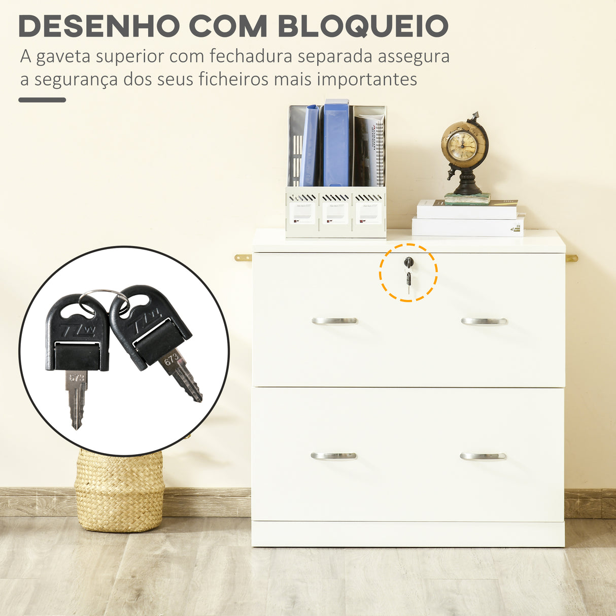 Vinsetto Armário com Gavetas para Escritório Armário de Arrumação de Escritório com Fechadura e 2 Chaves para Estúdio Dormitório 74x42x72cm Branco