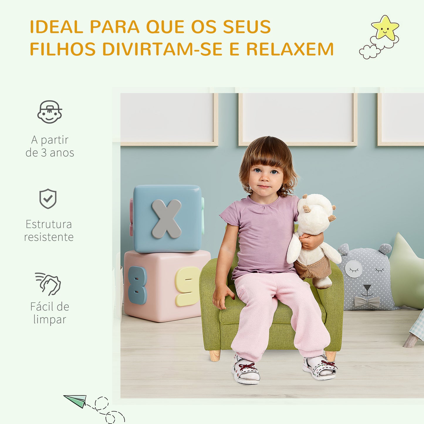 HOMCOM Sofá Infantil Mini Sofá para Crianças acima de 3 anos com Assento Acolchoado Apoio para os Braços e Estrutura de Madeira Carga Máx. 65kg 49x45x44 cm Verde