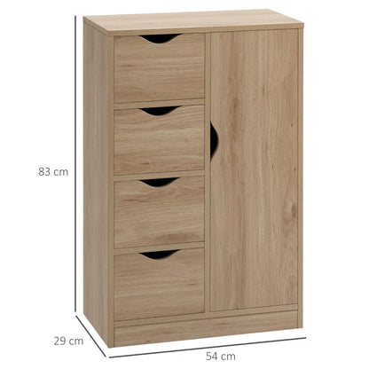 Aparador Ally - Cor Castanho - Com 4 Gavetas e 1 Porta - 54x29x83cm - Carvalho - Design Moderno