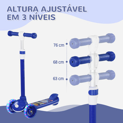 AIYPLAY Trotinete para Crianças de 2-6 Anos Trotinete Infantil Dobrável Trotinete com 3 Rodas LED Altura Ajustável Carga 25 kg 52x29x63-76 cm Azul