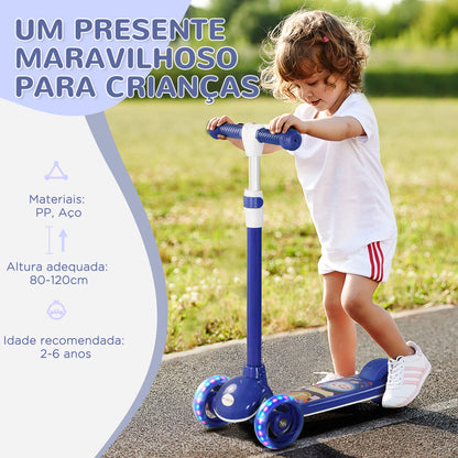 AIYPLAY Trotinete para Crianças de 2-6 Anos Trotinete Infantil Dobrável Trotinete com 3 Rodas LED Altura Ajustável Carga 25 kg 52x29x63-76 cm Azul